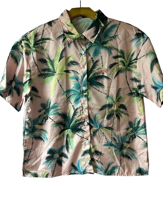 SHEIN Tops - SHEIN Pink Button-Up Shirt with Teal Palm Print